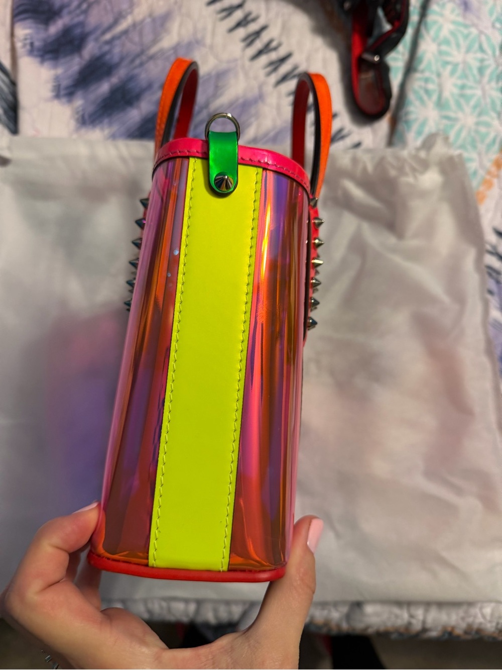 Christian Louboutin Iridescent Pink and Orange Tote with Studded Trim - Picture 5 of 14